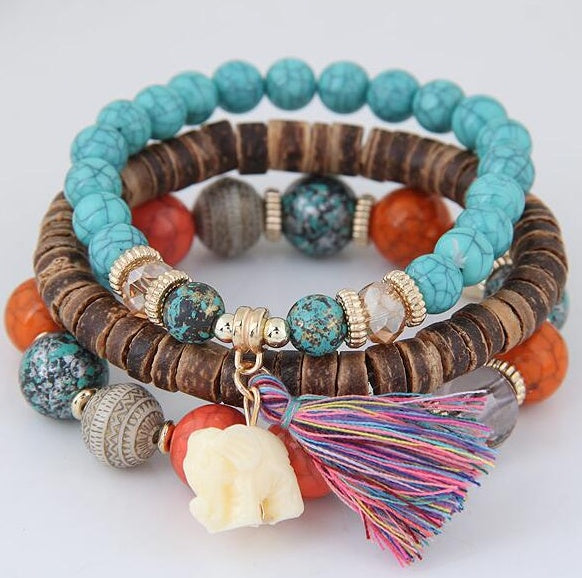 Baby Elephant Tassel Wood Beads Beaded Multi-Layer Temperament Bracelet Bracelet