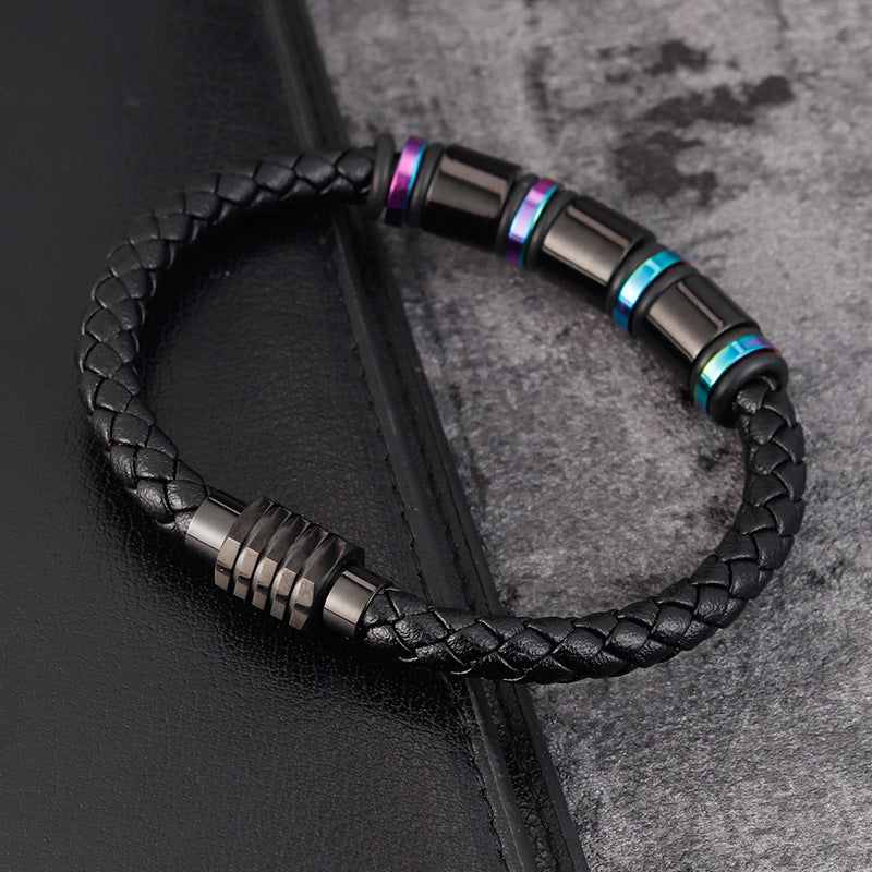 Mens Leather Titanium Steel Simple Bracelet