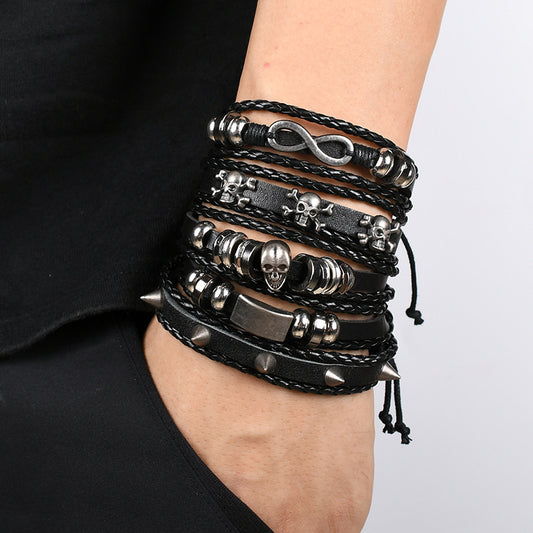 Skull and Leather Bracelet Set