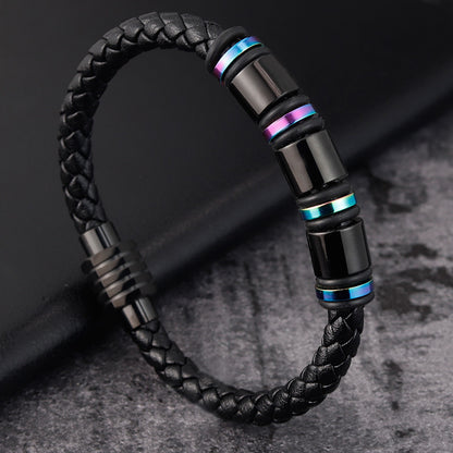 Mens Leather Titanium Steel Simple Bracelet